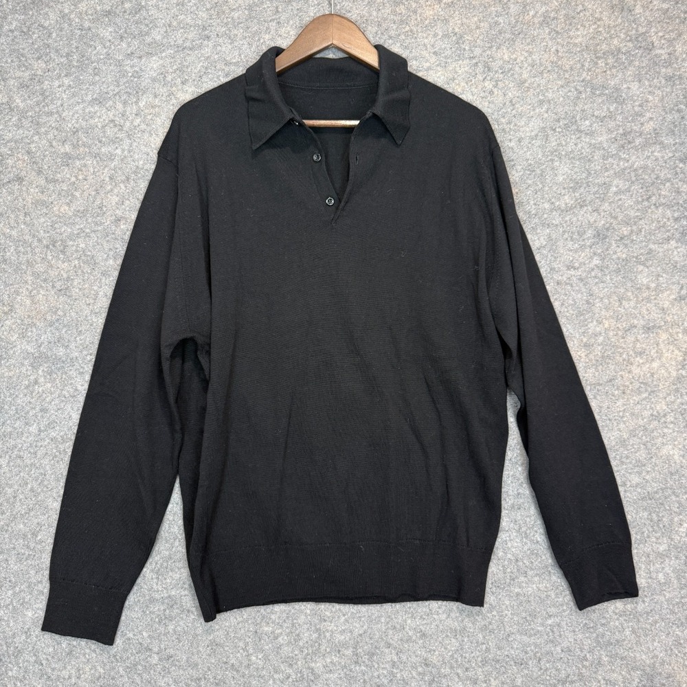 John Smedley 100% English Wool Polo Sweater Mens Large Black Button Made England